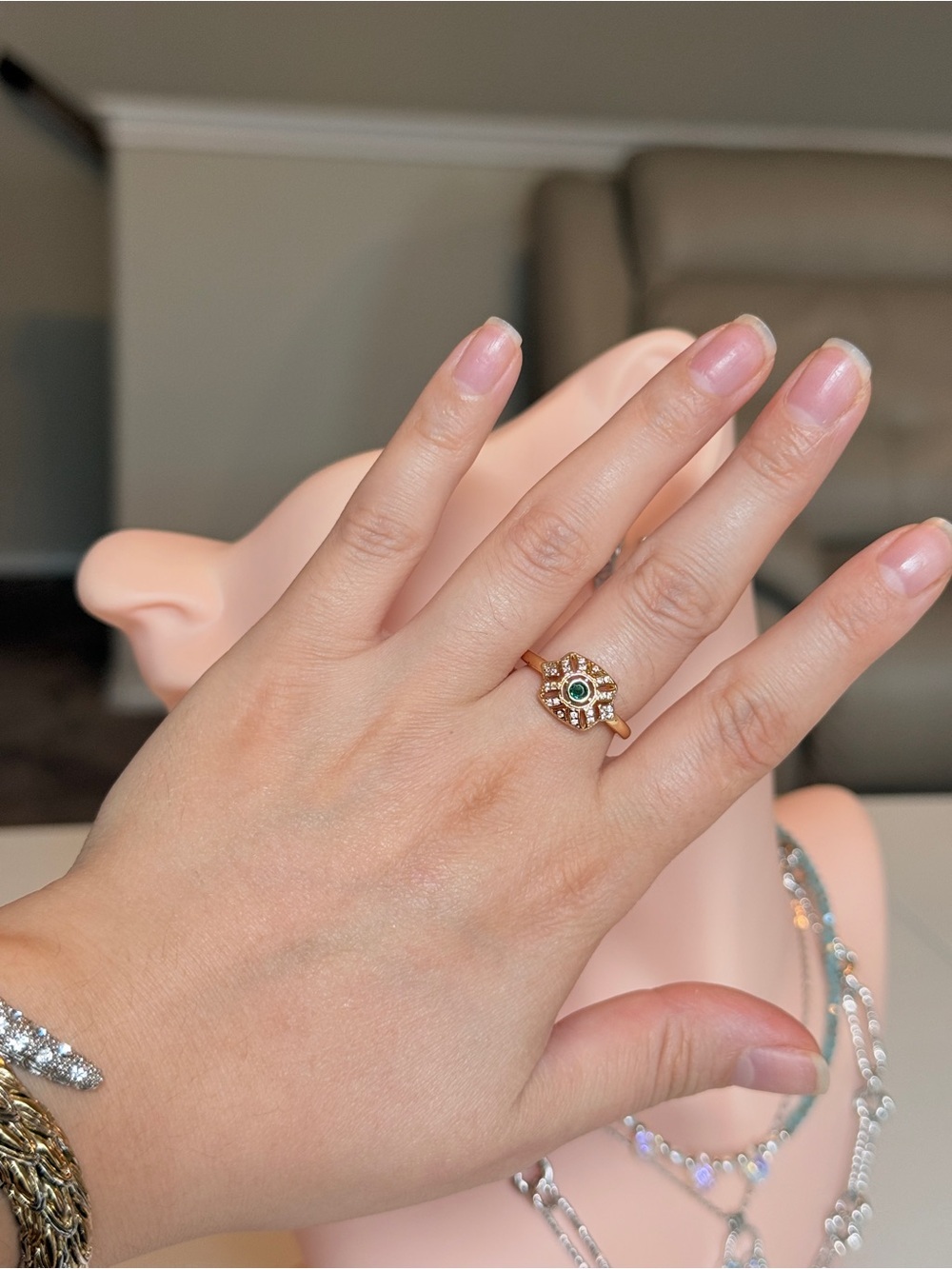 Gold Baroque Ring with Green Zirconia